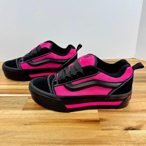 VANS Knu Skate Platform Stacked Skateboarding Sneakers Black/Hot-Pink/Satin Lace - Picture 4 of 8